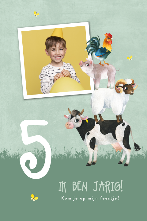 Vrolijke uitnodiging voor kinderfeestje met foto en boerderijdieren