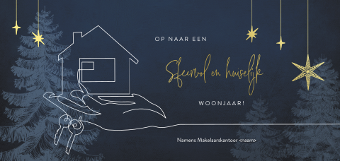 Donkerblauwe kerstkaart oneline huis en sleutels en goudfolie