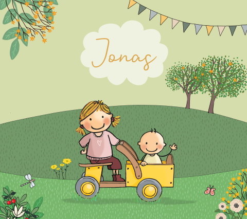 Geboortekaartje grote zus met baby broertje bakfiets