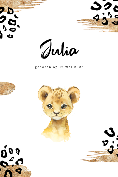 Jungle geboortekaartje voor meisje met leeuwtje en panterprint