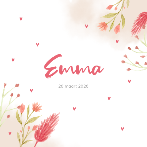 Lente geboortekaartje meisje met roze aquarel bloemen