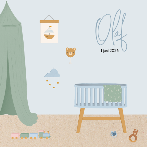 Blauw geboortekaartje met getekend kinderkamer