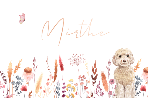 Waterverf geboortekaartje voor meisje met hondje in bloemenveld