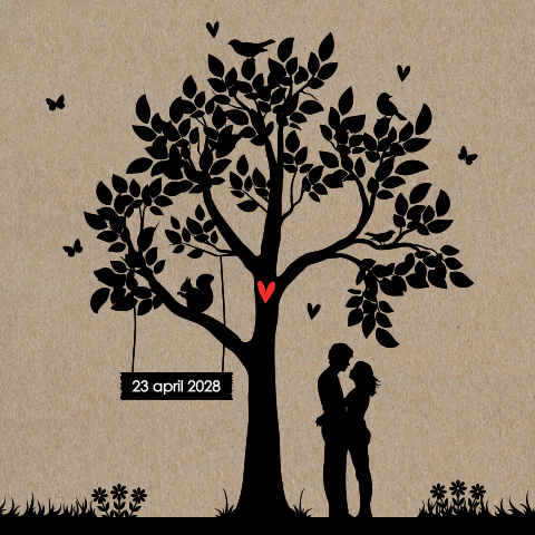 Kraftpapier save the date kaart met silhouet bruidspaar bij boom