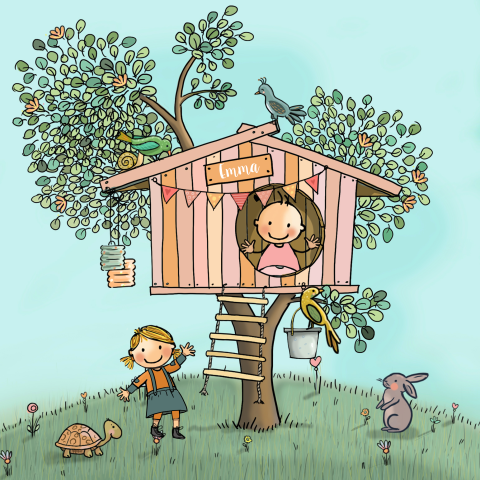 Geboortekaartje grote zus en baby zusje bij boomhut