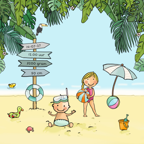 Geboortekaartje zus met baby jongen op het strand