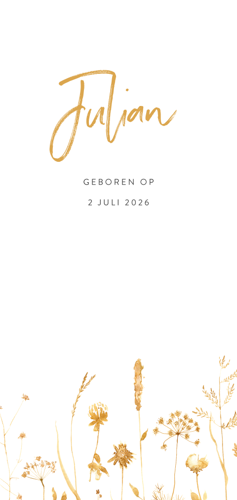 Vintage geboortekaartje jongen met wilde gele bloemen