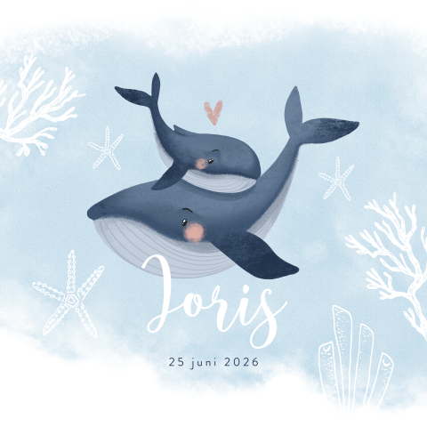 Blauw geboortekaartje jongen onderwater met walvis en baby walvis