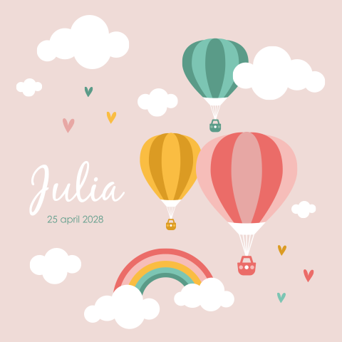 Geboortekaartje meisje met luchtballon en regenboog