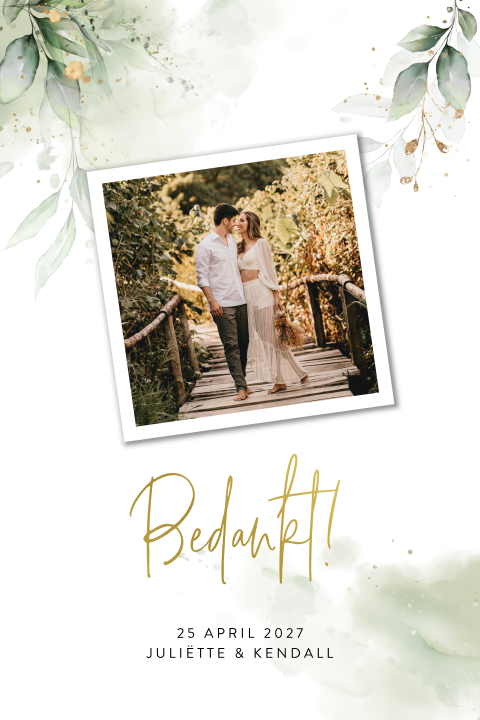 Botanische bedankkaart met trouwfoto en goudfolie
