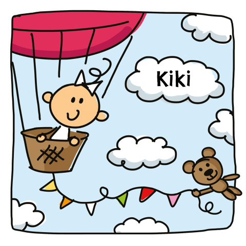 Geboortekaart baby meisje in een luchtballon tussen wolken