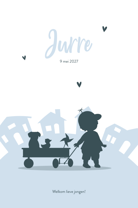 Silhouet geboortekaartje met jongetje en huizen