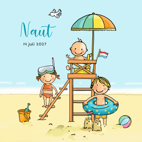 Geboortekaartje met drie kindjes op het strand