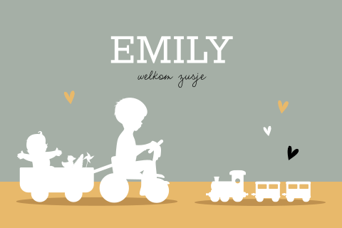 Geboortekaartje silhouet broer en baby zusje op de fiets
