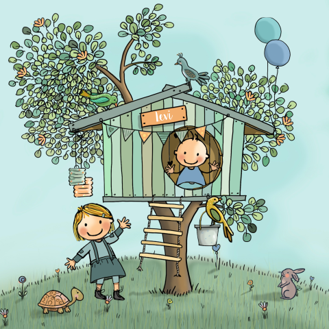 Geboortekaartje grote zus met baby broertje bij boomhut