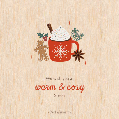 Houten kerstkaart warme chocomelk met warm and cosy x-mas