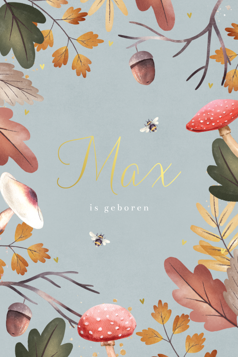 Herfst geboortekaartje met bladeren, paddestoelen en eikels