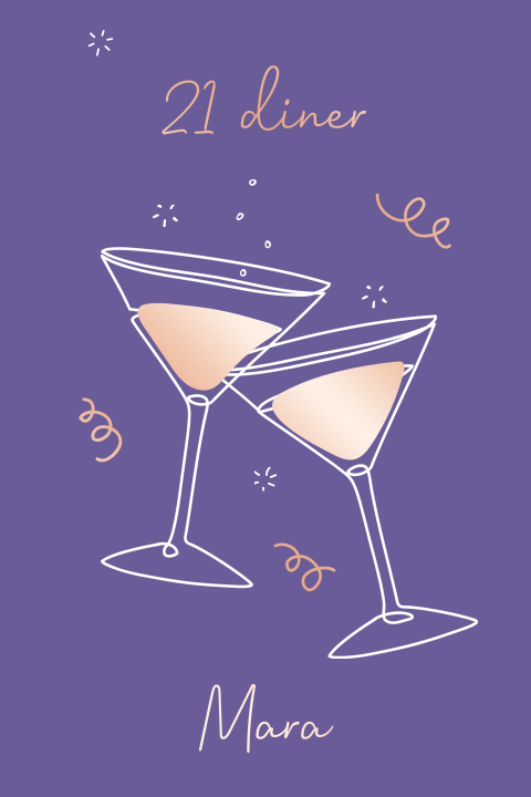 Paarse 21 diner uitnodiging met cocktailglazen