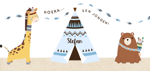 Geboortekaartje jongen met blauwe tipi en dieren