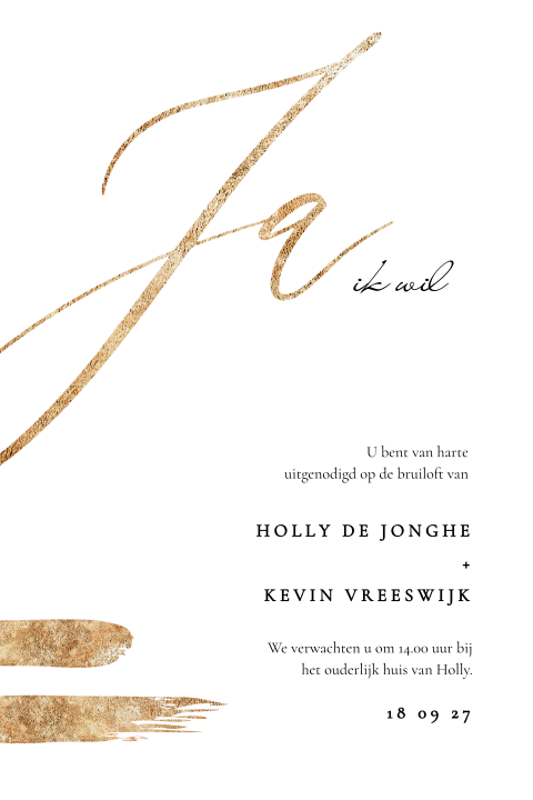 Klassieke trouwkaart met groot ja in goud en sjieke typografie