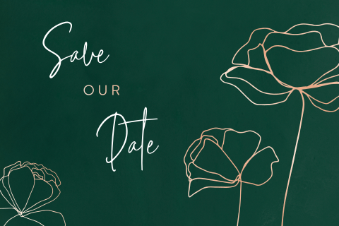Groene save the date kaart met bloemen in rosegoudfolie