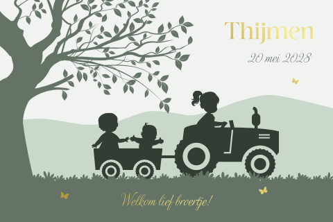 Groen silhouet geboortekaartje tractor met drie kinderen