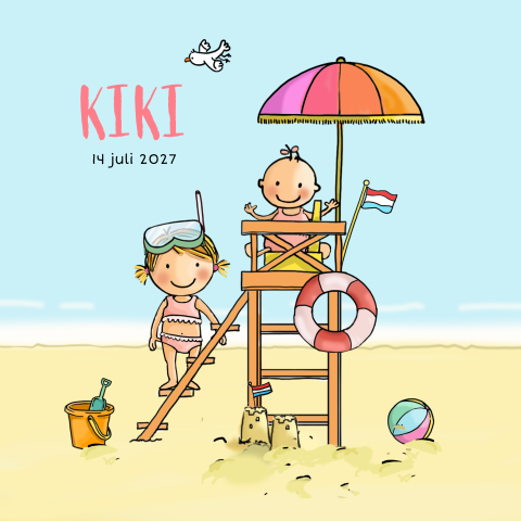 Zomer geboortekaartje zus met baby meisje op uitkijkstoel