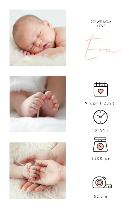 Hip geboortekaartje met drie foto's van je pasgeboren dochter