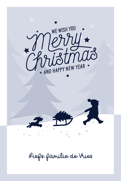 Blauwe kerstkaart met silhouet kindje in winter landschap