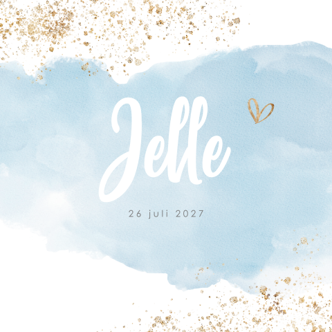 Geboortekaartje jongen blauwe waterverf met gouden hartje