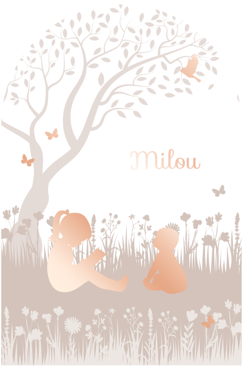Geboortekaartje grote zus en baby meisje lezend onder boom