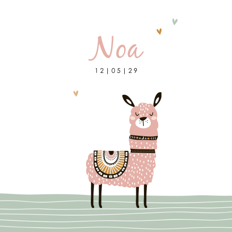 Lief geboortekaartje met roze lama en boho details