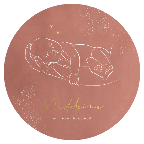 Rond roze geboortekaartje meisje met tekening van baby en goudfolie