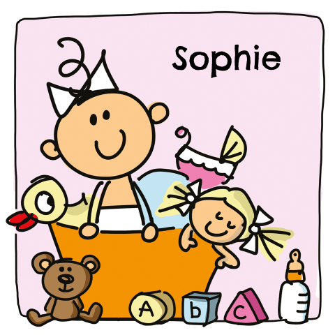 Getekend geboortekaartje met meisje in een speelgoedkist