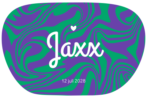 Stoer geboortekaartje met retro design in paars-groen