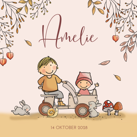Herfst geboortekaartje broer met baby meisje in houten kar