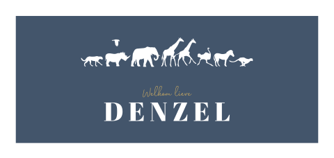 Donkerblauw geboortekaartje met jungle dieren als olifant en giraf