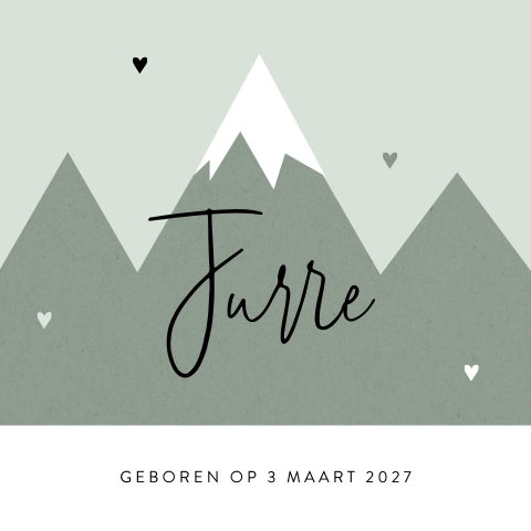Groen geboortekaartje met grafische bergen en hartjes