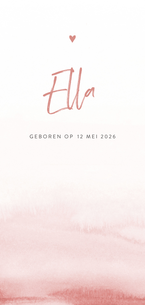 Roze minimalistisch waterverf geboortekaartje meisje met hartje