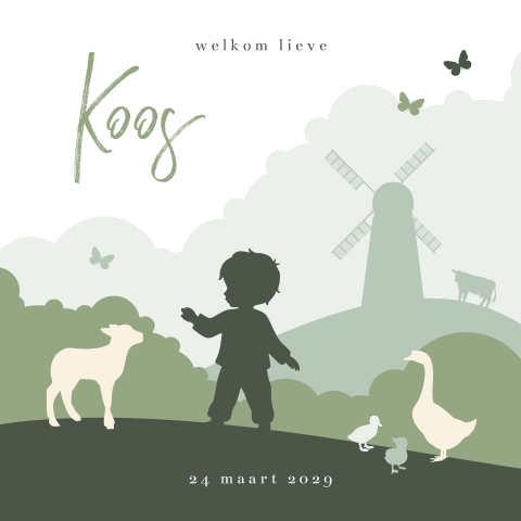Groen geboortekaartje met silhouet jongen en molen