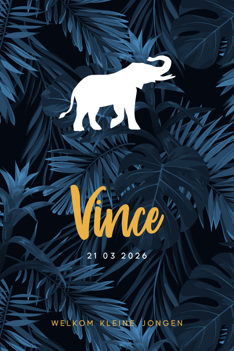Botanisch geboortekaartje voor een jongen met silhouet witte olifant