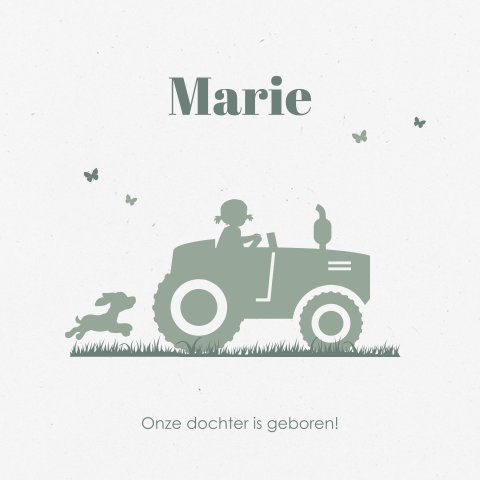 Duurzaam geboortekaartje meisje op tractor