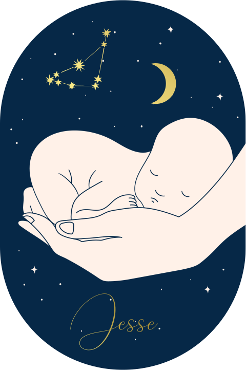 Ovaal geboortekaartje baby jongen in hand met maan en sterrenbeeld