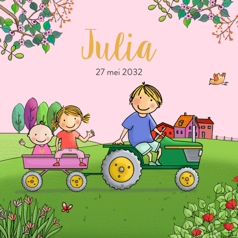 Geboortekaartje meisje met tractor en aanhangwagen
