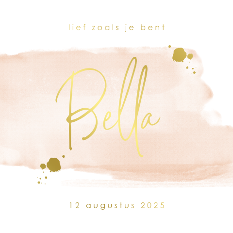 Goudfolie geboortekaartje meisje met blush waterverf en spetters