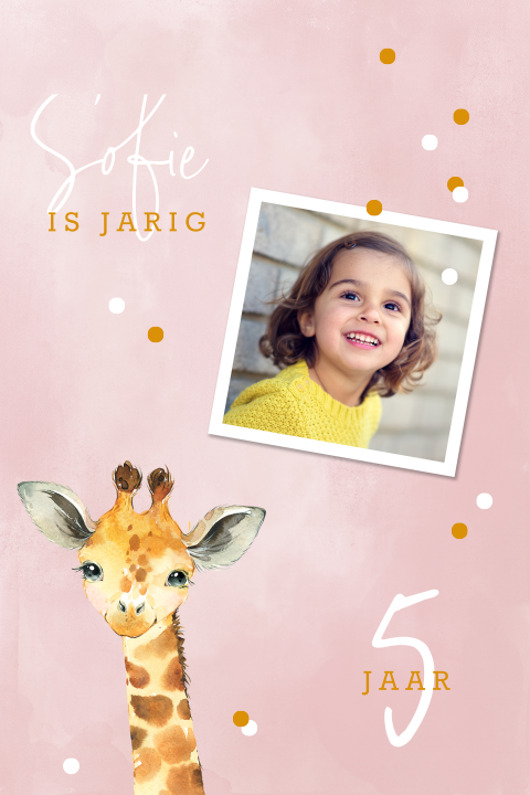 Roze uitnodiging kinderfeestje met foto en giraf