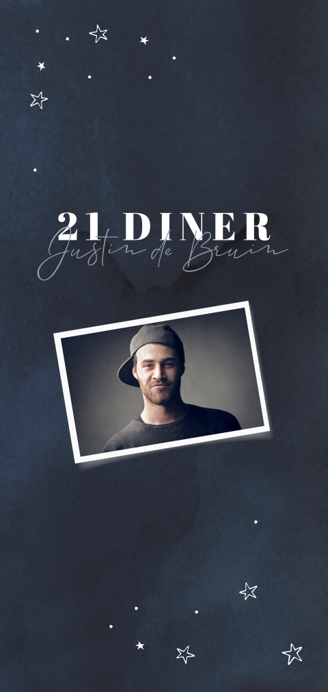 Donkerblauwe uitnodiging 21 diner met sterretjes en foto