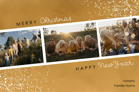 Gele kerstkaart met fotostrip en spetters