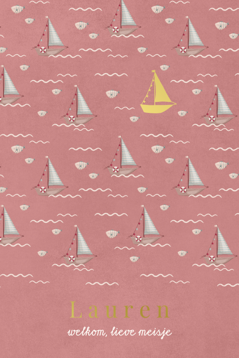 Zee geboortekaartje in roze met bootjes