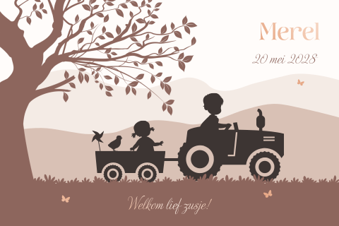 Geboortekaart tractor met grote broer en zusje in kar